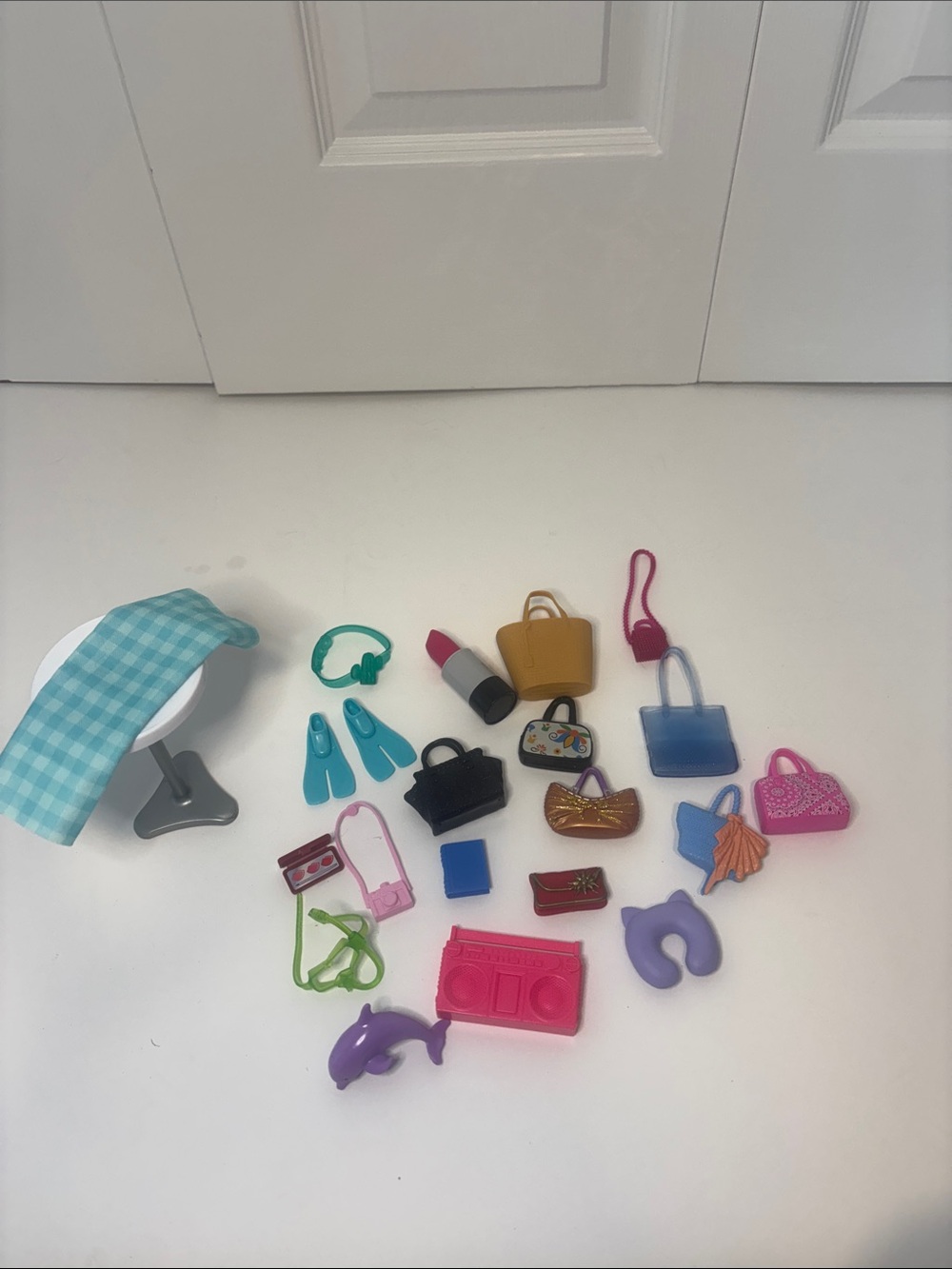 Barbie Accessories Lot Purses Bags Table Makeup Camera Dolphin Fins Mattel Toys